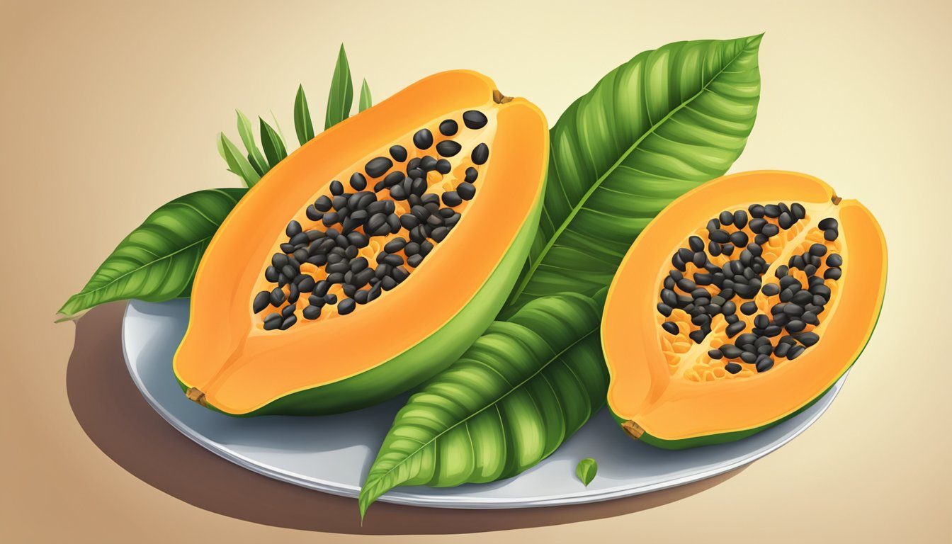 A ripe papaya split open, revealing its vibrant orange flesh and black seeds, surrounded by lush green leaves and a few slices arranged on a plate