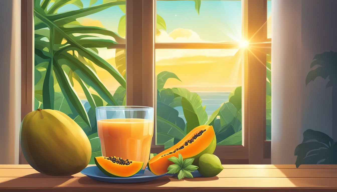 A ripe papaya surrounded by vibrant tropical fruits and a glass of papaya smoothie on a wooden table. Sunshine streams through a window, casting a warm glow on the scene