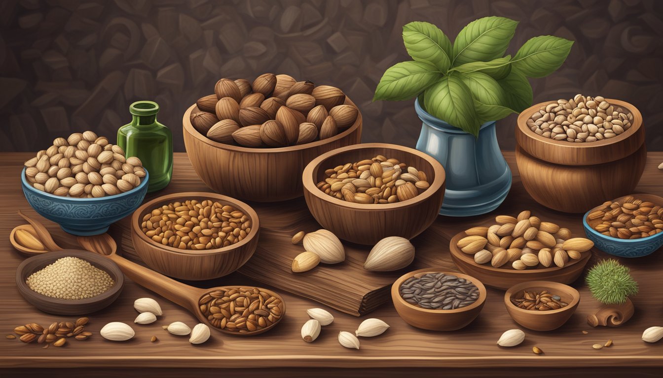 A variety of nuts and seeds arranged on a wooden table, surrounded by ancient medical texts and mortar and pestle