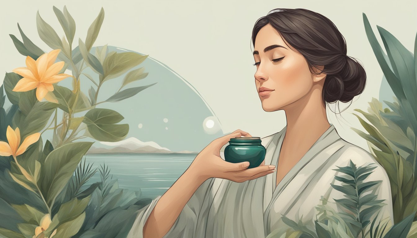 A serene figure surrounded by natural elements, holding a jar of oil and a toothbrush, with a sense of calm and tranquility