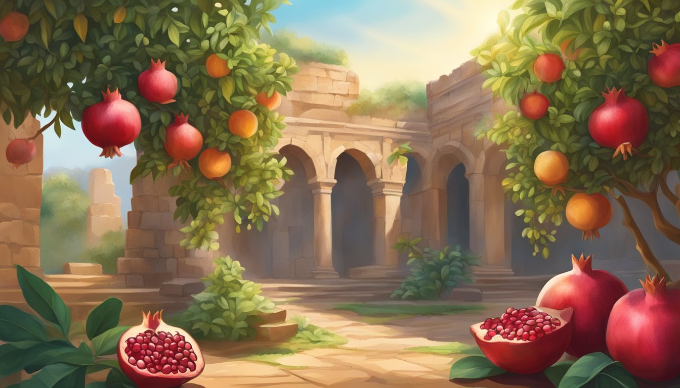 A pomegranate tree with ripe fruit stands in a lush garden, surrounded by ancient ruins. Rays of sunlight highlight the vibrant red seeds, symbolizing healing and historical significance