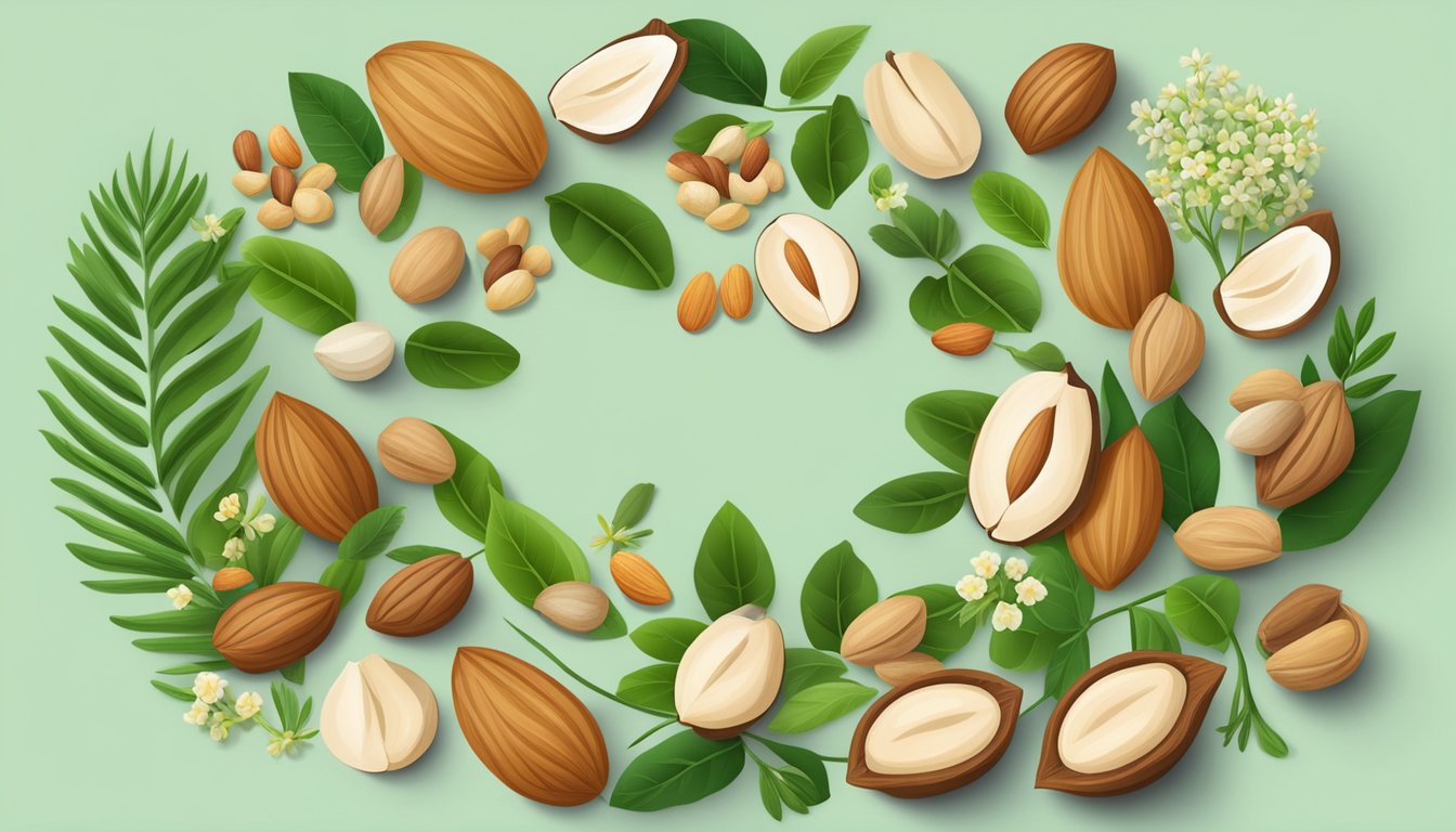 A variety of nuts and seeds arranged in a circular pattern, surrounded by vibrant green leaves and small flowers