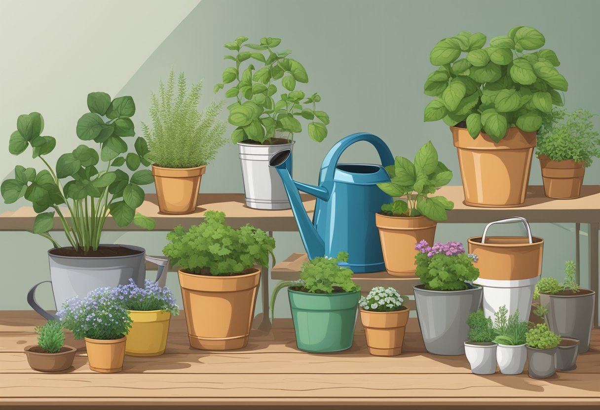 A table with various sized pots, soil, and herb seed packets arranged neatly. Watering can and gardening tools nearby