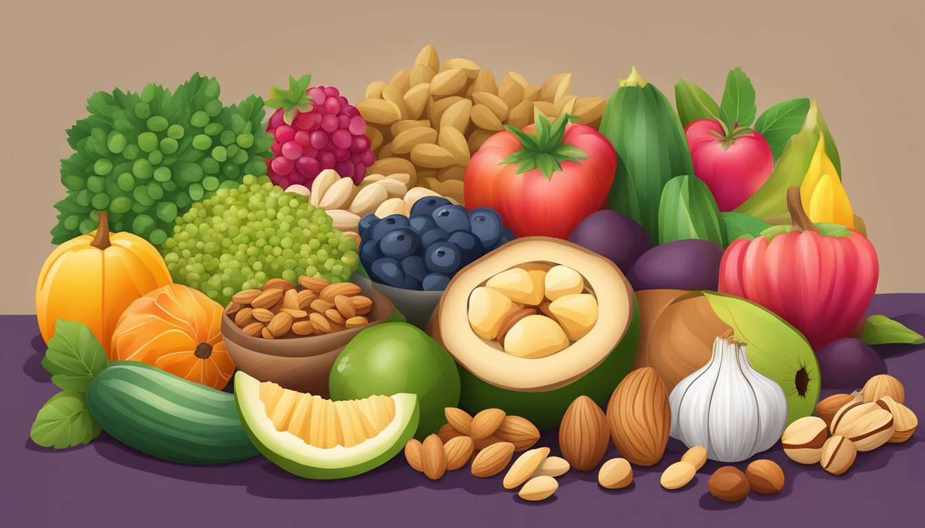 A variety of nuts and seeds arranged in a colorful, bountiful display, surrounded by vibrant fruits and vegetables