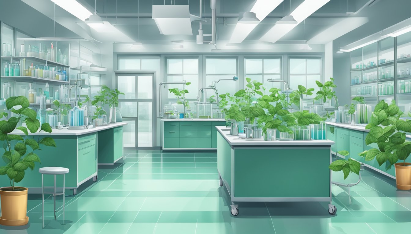 A laboratory with peppermint plants and modern medical equipment