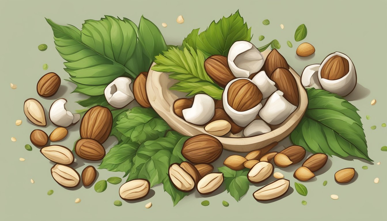 A variety of nuts and seeds scattered around a broken bone, with green leaves and vines intertwined, symbolizing healing and strength