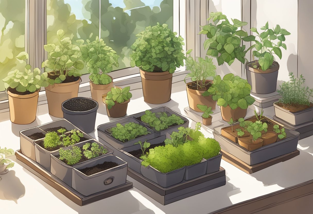 A table with various herb garden starter kits, pots, soil, and seeds arranged neatly. Sunlight streams through a nearby window, illuminating the setup