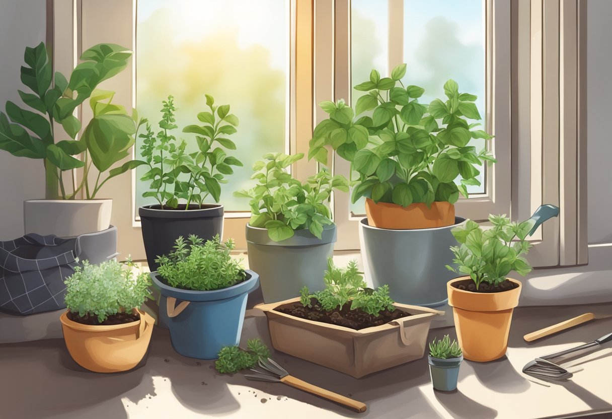 A sunny windowsill with various herb plants in small pots, surrounded by gardening tools and a bag of potting soil