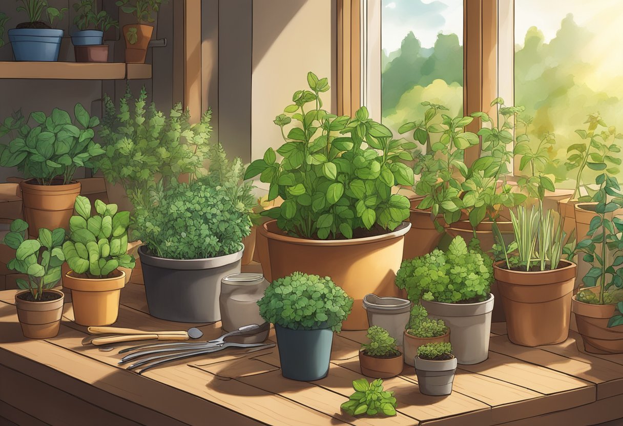 A variety of herb garden starter kits displayed on a wooden table, surrounded by pots, soil, and gardening tools. Sunlight streams in through a nearby window, casting a warm glow over the scene