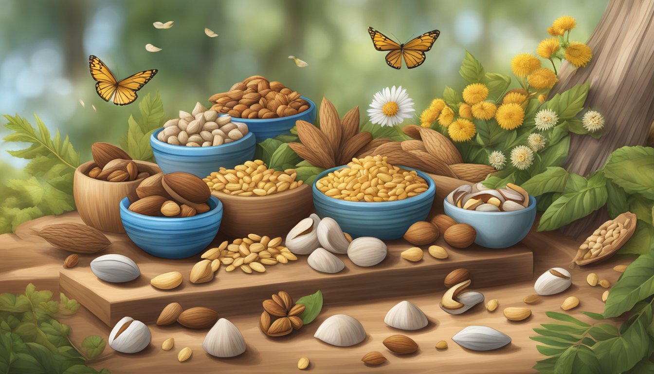 A variety of nuts and seeds scattered around a peaceful, natural setting, surrounded by symbols of safety and allergy awareness