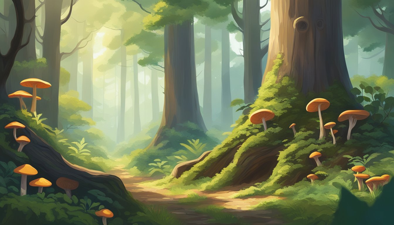 A serene forest with reishi mushrooms growing on old tree trunks, surrounded by lush greenery and sunlight filtering through the canopy