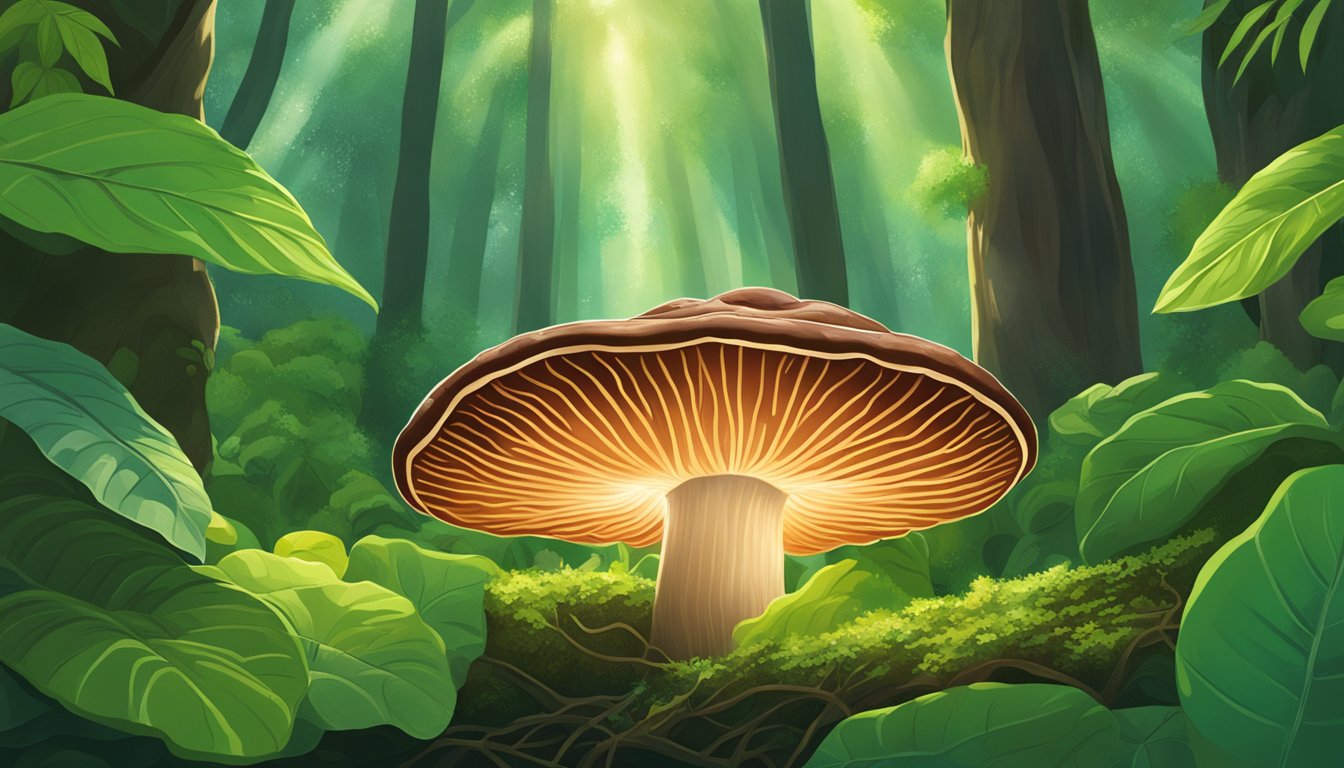 A reishi mushroom surrounded by lush green foliage, with sunlight streaming through the canopy, highlighting its healing properties