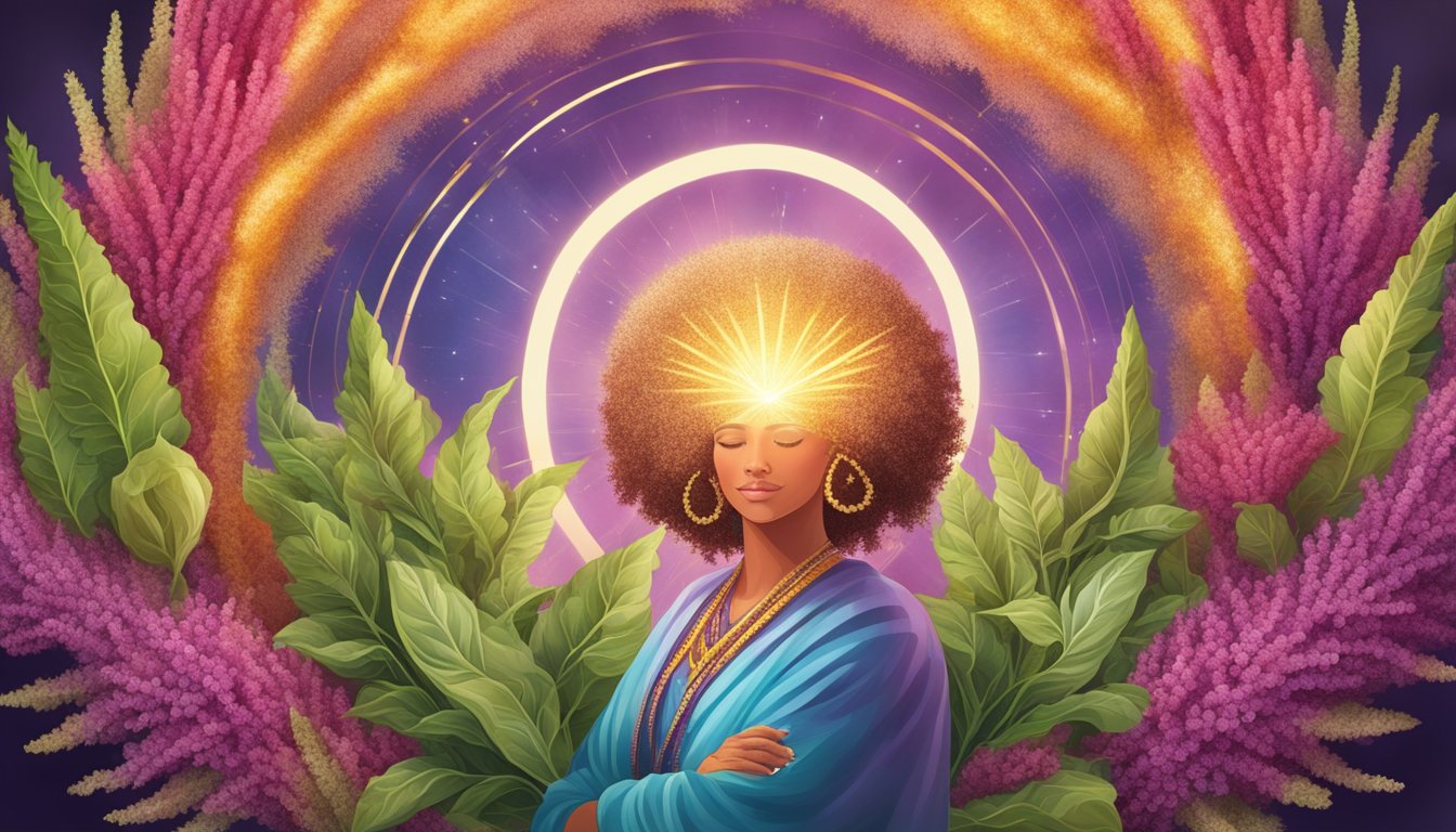 A vibrant illustration of quinoa and amaranth surrounded by a halo of healing energy