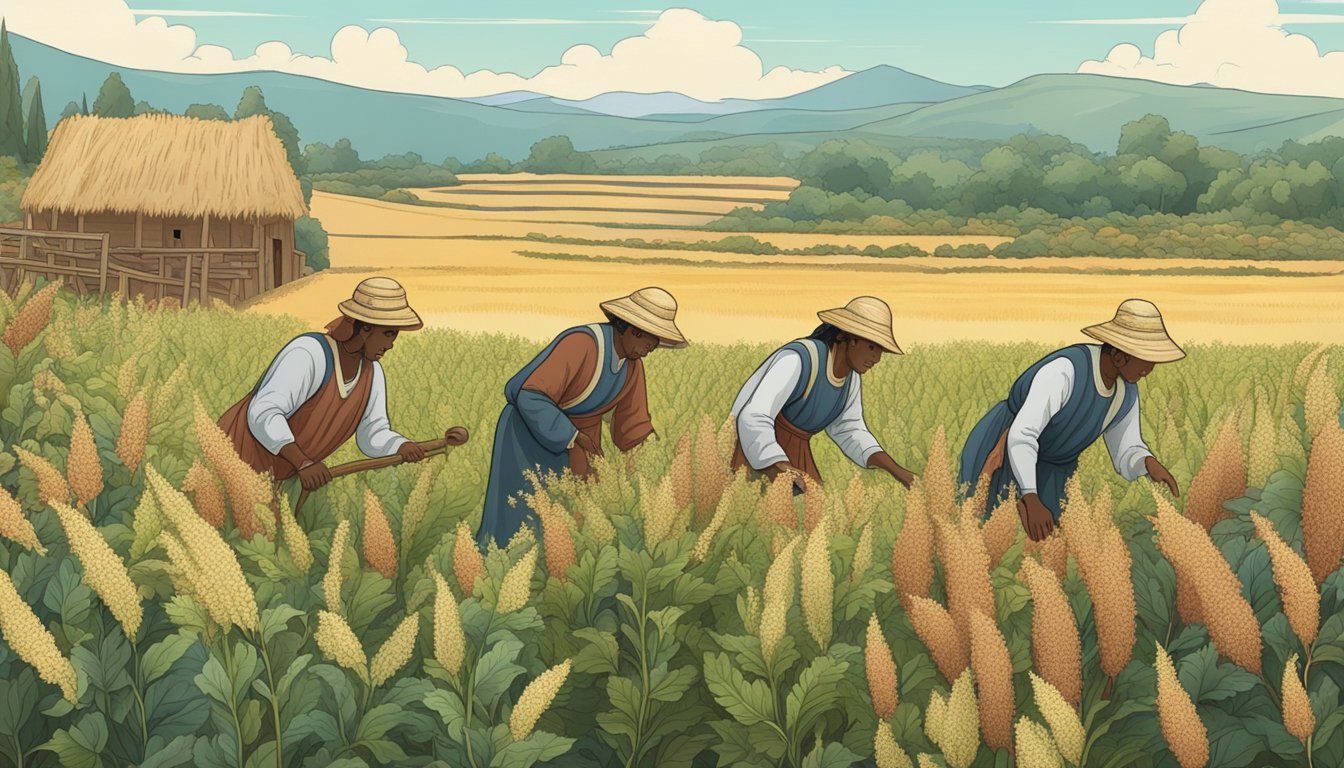 A field of quinoa and amaranth plants, with ancient people harvesting and using them for healing purposes