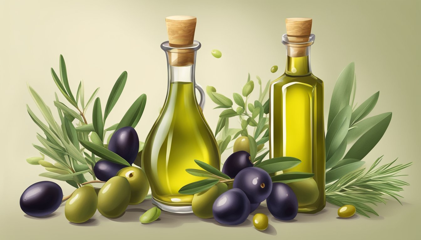 A bottle of olive oil surrounded by fresh olives, herbs, and natural elements, emanating a sense of healing and nourishment