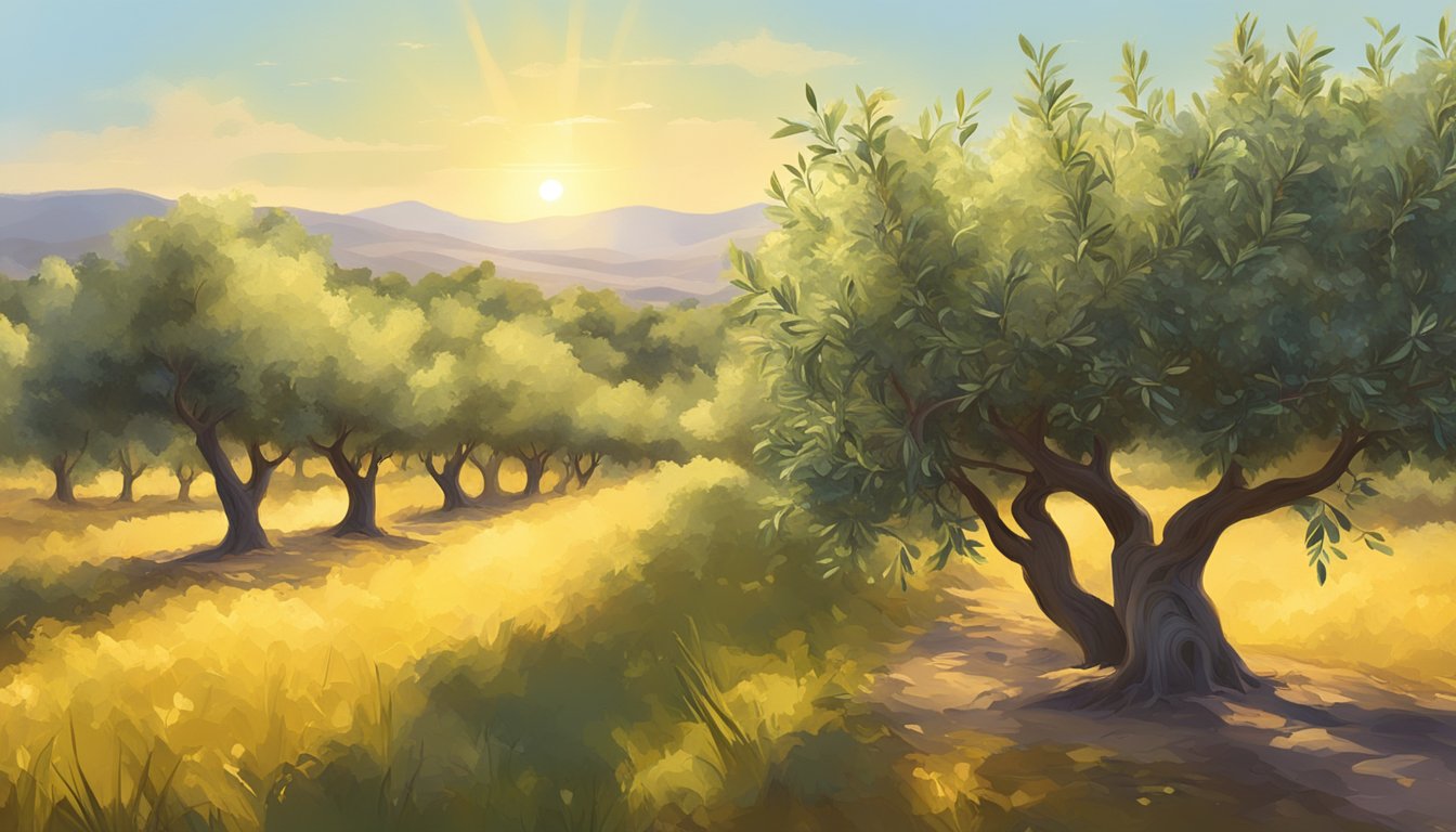 A serene olive grove with ripe fruit and lush green leaves, bathed in golden sunlight