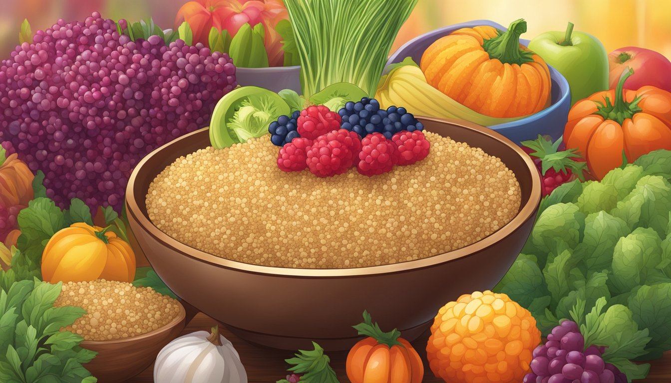 A vibrant bowl of quinoa and amaranth surrounded by colorful fruits and vegetables, emitting a radiant glow