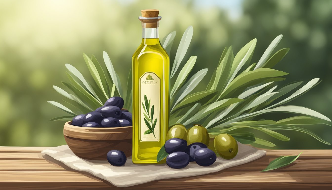 A bottle of olive oil sits on a rustic wooden table surrounded by fresh olives and green leaves, exuding a sense of natural healing and nourishment