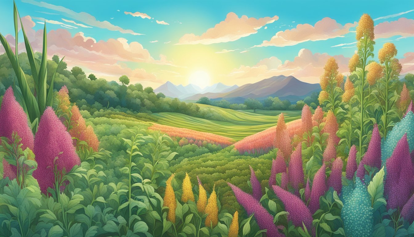 A lush, vibrant field of quinoa and amaranth, surrounded by diverse plant and animal life, with clear blue skies overhead