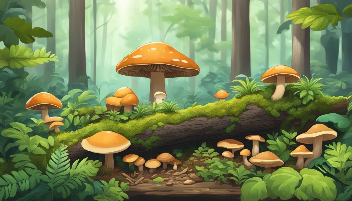 A lush forest with reishi mushrooms growing on fallen logs, surrounded by diverse plant life and wildlife. The scene depicts the natural and sustainable cultivation of reishi mushrooms