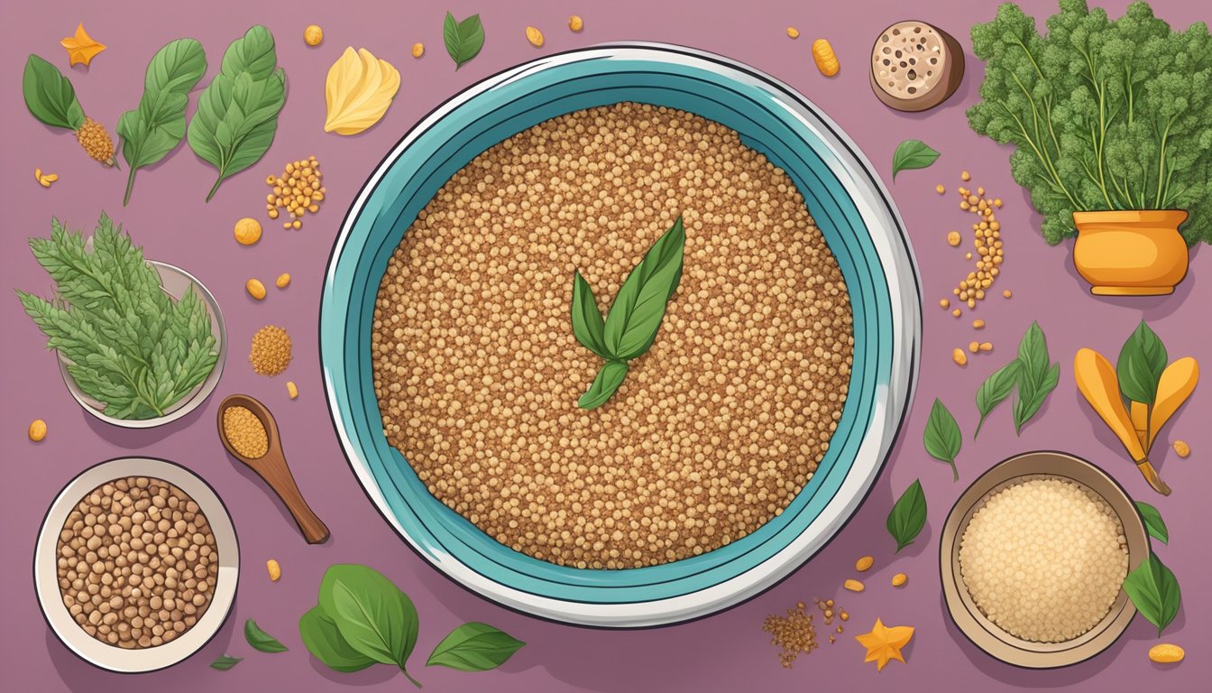 A colorful bowl of quinoa and amaranth surrounded by various allergenic symbols and adverse effect icons