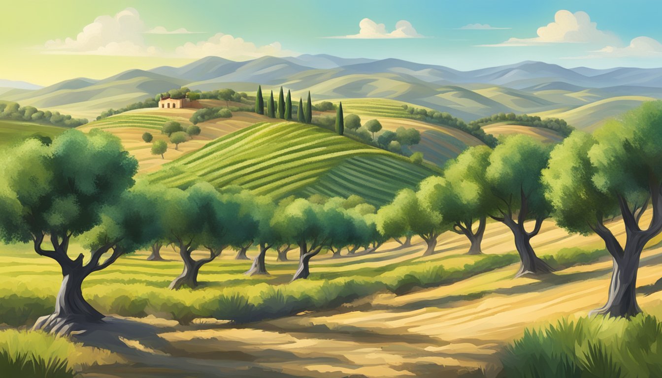 Lush olive grove with vibrant green trees, rolling hills, and clear blue skies, showcasing the natural beauty and environmental impact of olive oil production