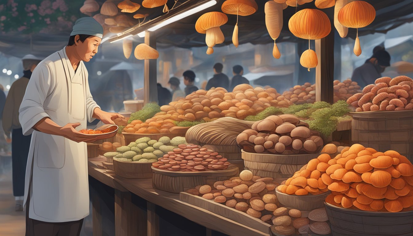 A bustling market stall displays fresh reishi mushrooms, while a healer stands nearby, extolling their healing properties