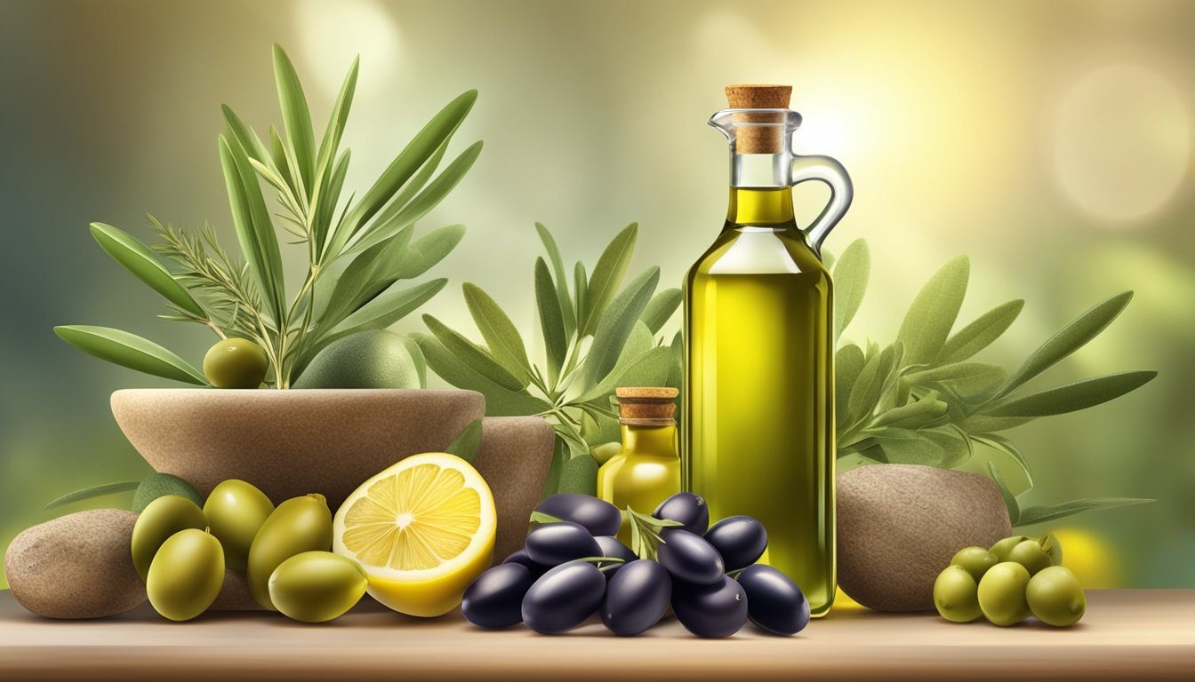 A bottle of olive oil surrounded by various natural elements, such as olives, herbs, and fruits, with rays of sunlight shining down on it