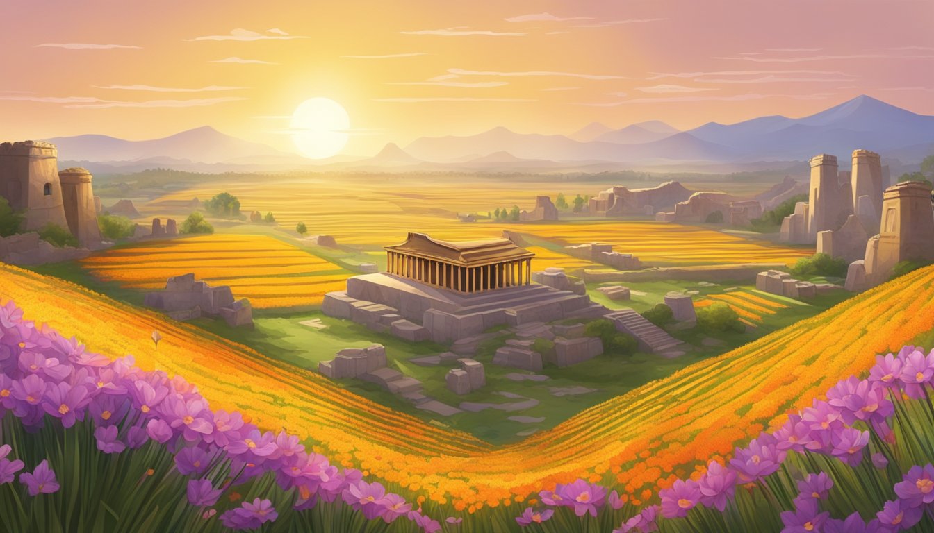 A field of vibrant saffron flowers blooming under the golden sun, surrounded by ancient ruins and historical landmarks