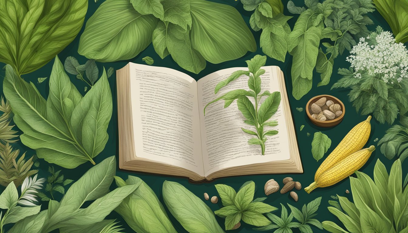 A lush green plantain leaf surrounded by diverse medicinal herbs and ancient texts on ethnobotany