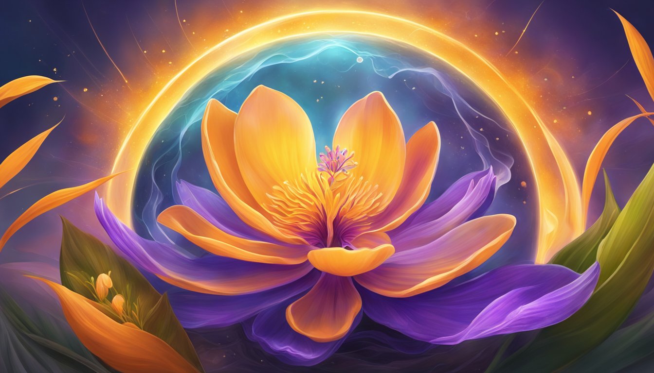 A vibrant saffron flower releasing healing energy into the surrounding environment