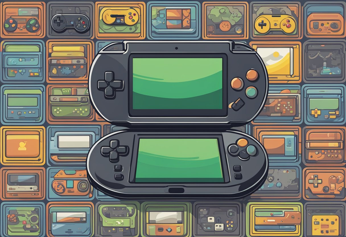 A handheld console with multiple game libraries and emulators, displaying a variety of classic game icons on its screen