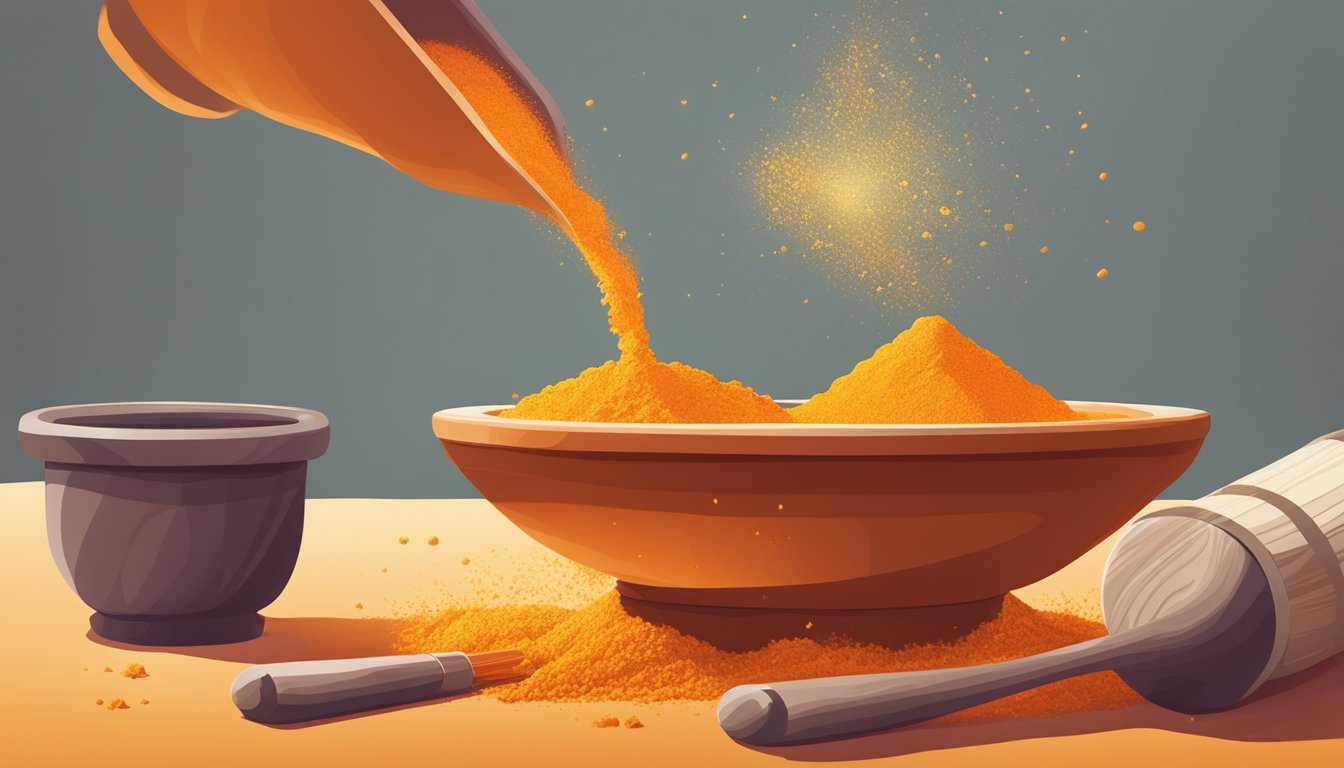 A mortar and pestle crushing saffron threads into a vibrant orange powder