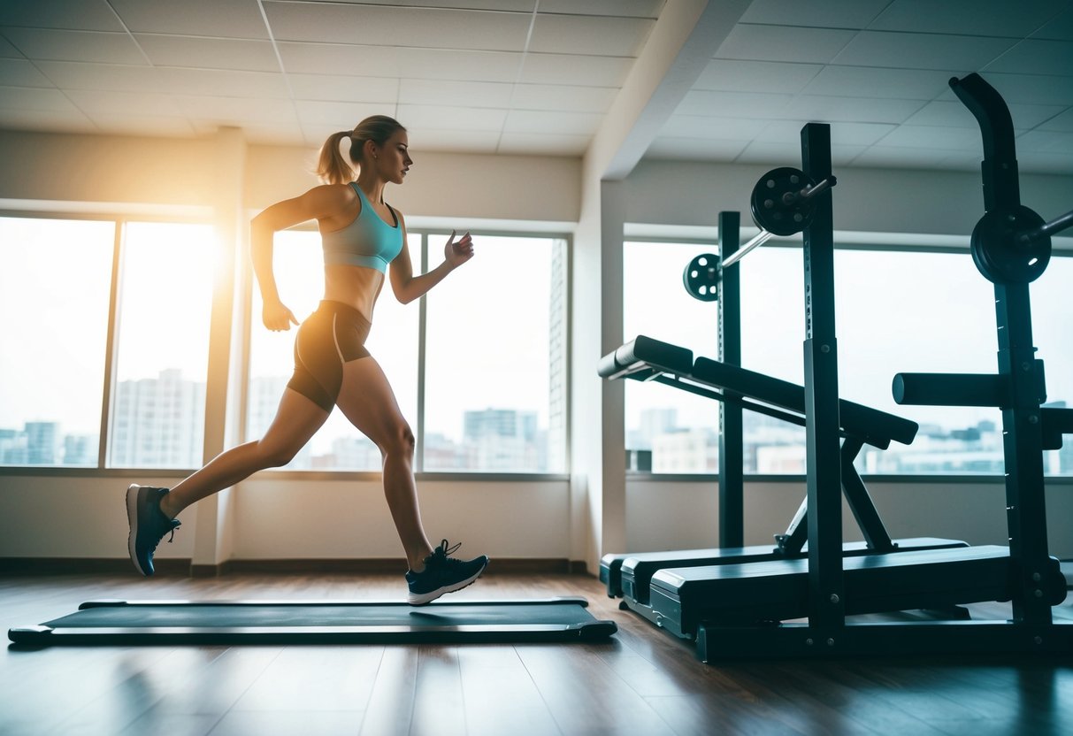 A person running on a treadmill next to a weightlifting bench in a gym