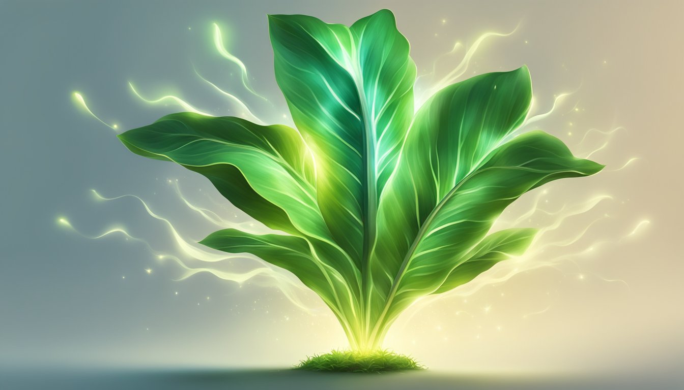 A plantain leaf surrounded by glowing energy, emanating a sense of calm and healing