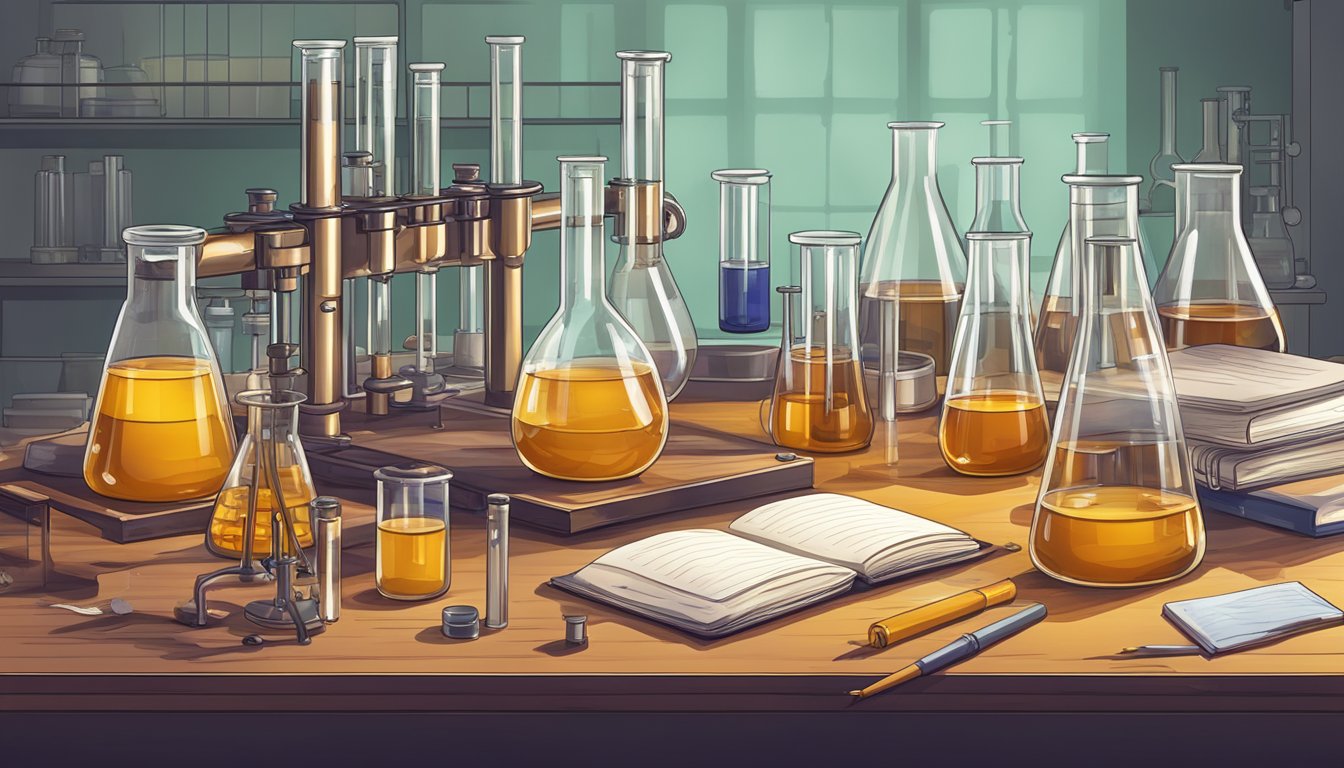 A laboratory table with beakers and test tubes filled with saffron extracts, surrounded by scientific equipment and notebooks