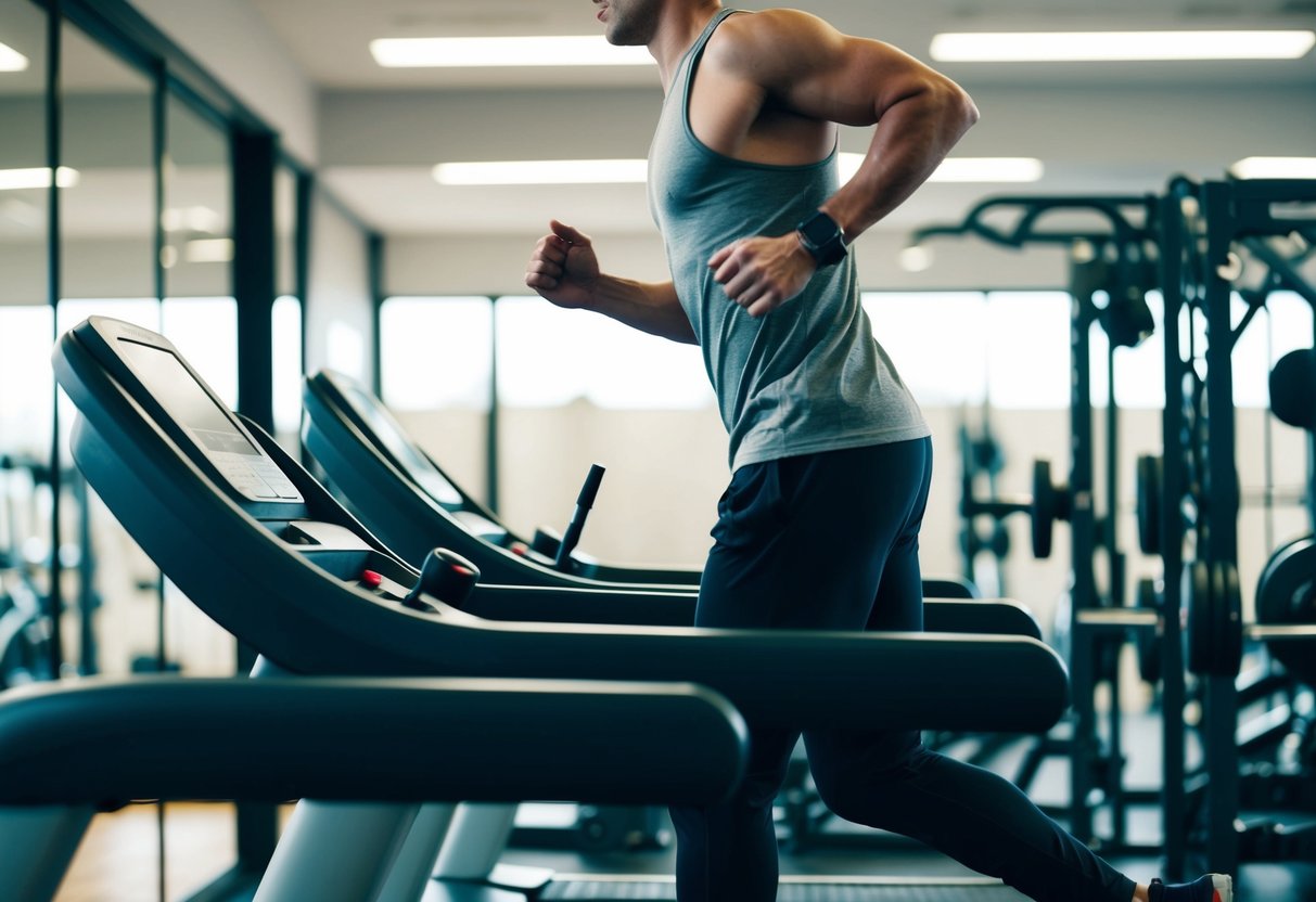 A person jogging on a treadmill in a gym, with weightlifting equipment in the background