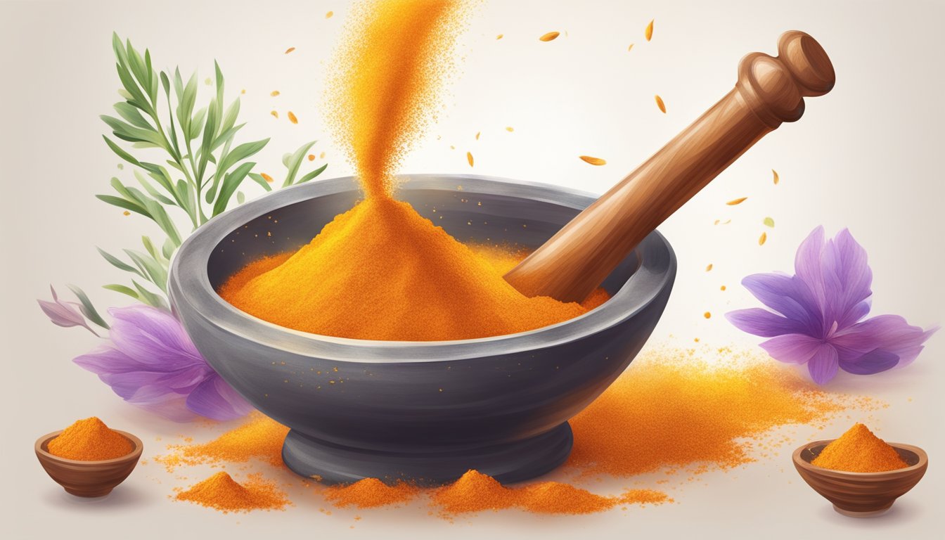 A mortar and pestle grinds vibrant saffron threads into a fine powder, releasing its healing properties into the air