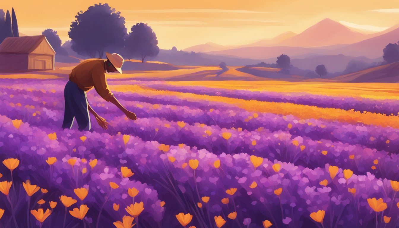 A saffron field bathed in golden sunlight, with delicate purple flowers and a farmer carefully harvesting the precious spice