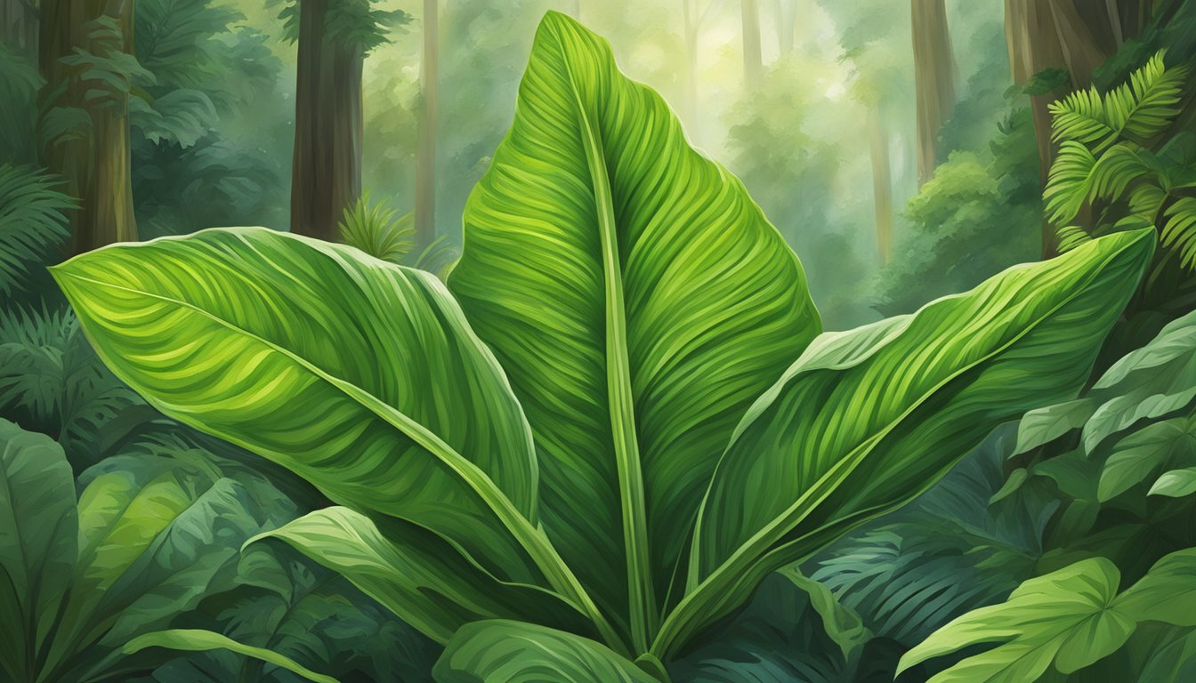 A lush green plantain leaf grows in a thriving forest, surrounded by diverse flora and fauna. The leaf symbolizes the healing powers of nature and sustainable conservation efforts