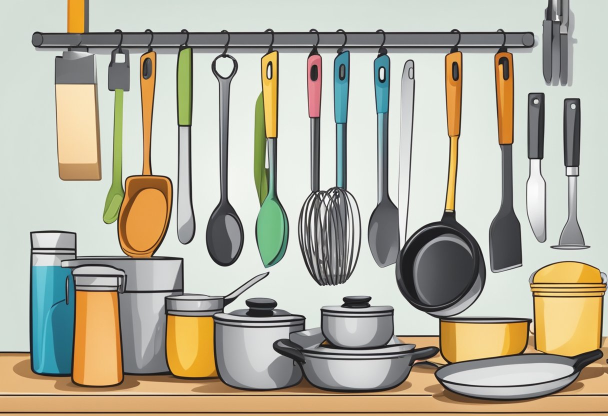 A variety of kitchen utensils neatly arranged in a holder on a countertop