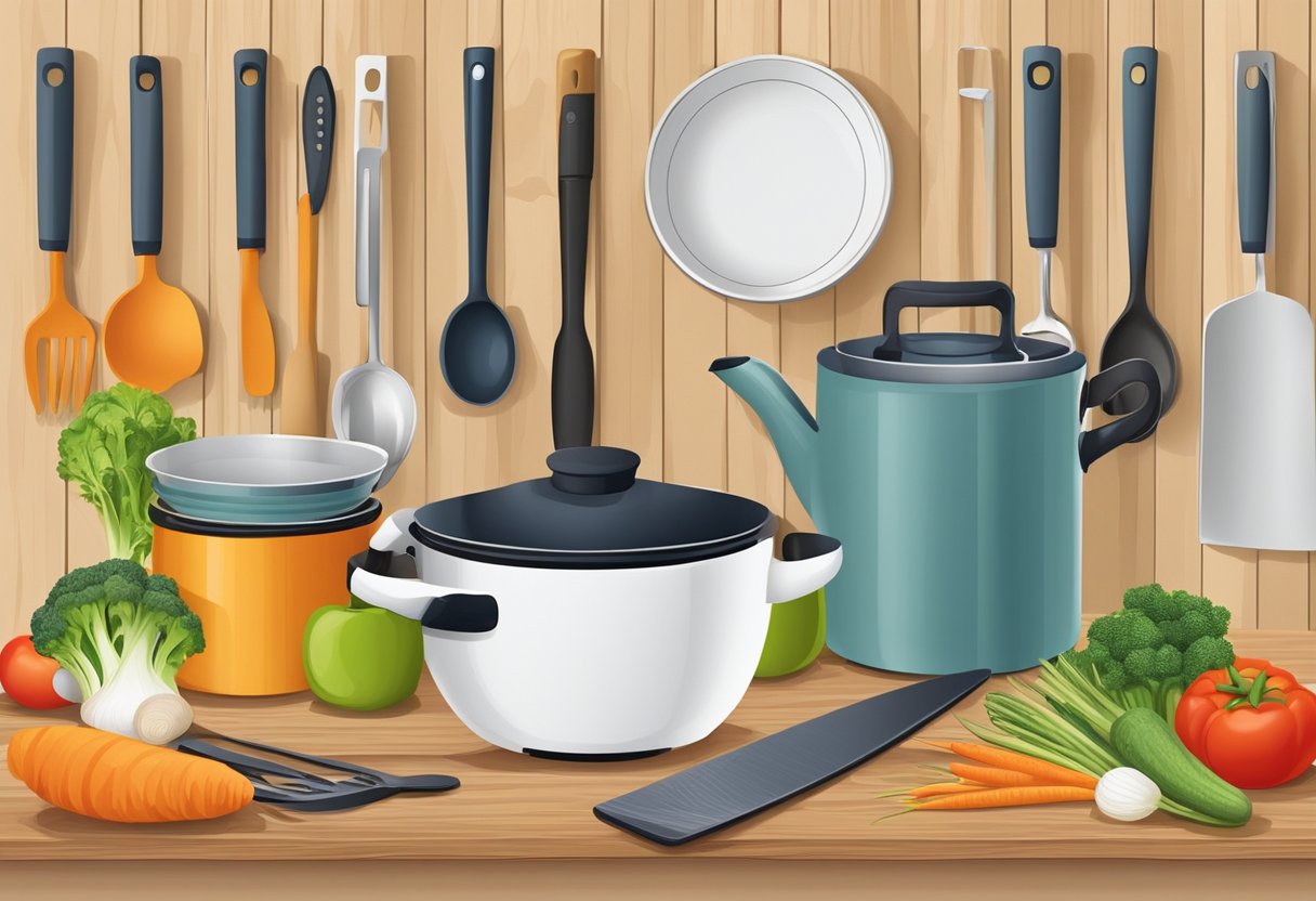 A variety of multi-piece kitchen utensil sets arranged on a wooden countertop with a cutting board and a bowl of fresh vegetables