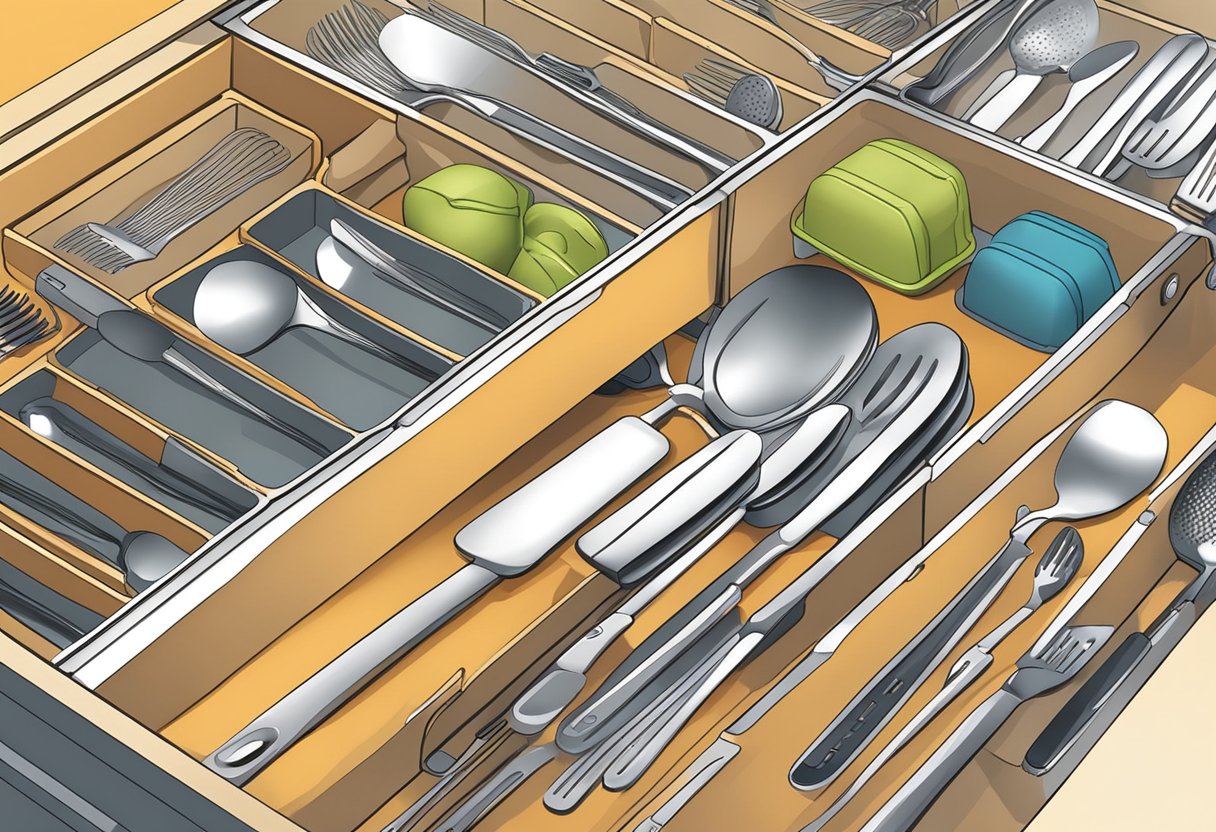 A well-organized kitchen drawer with neatly arranged multi-piece utensil sets