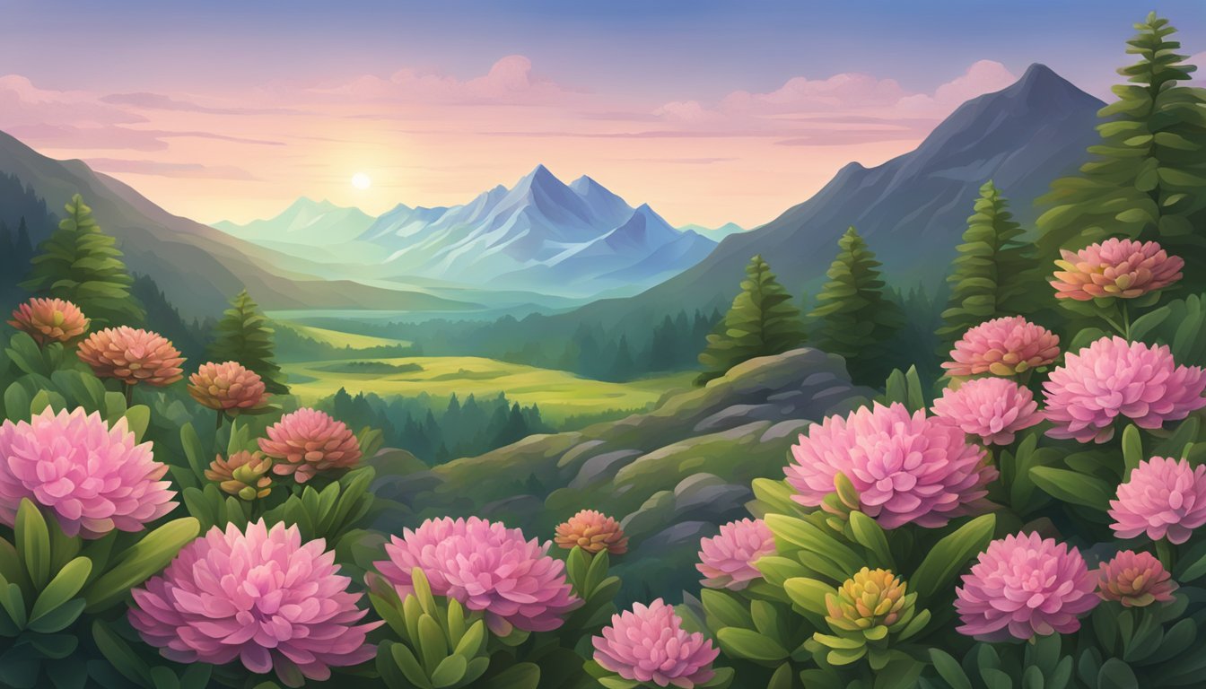 A serene mountain landscape with a vibrant rhodiola rosea plant in the foreground, surrounded by a sense of calm and tranquility