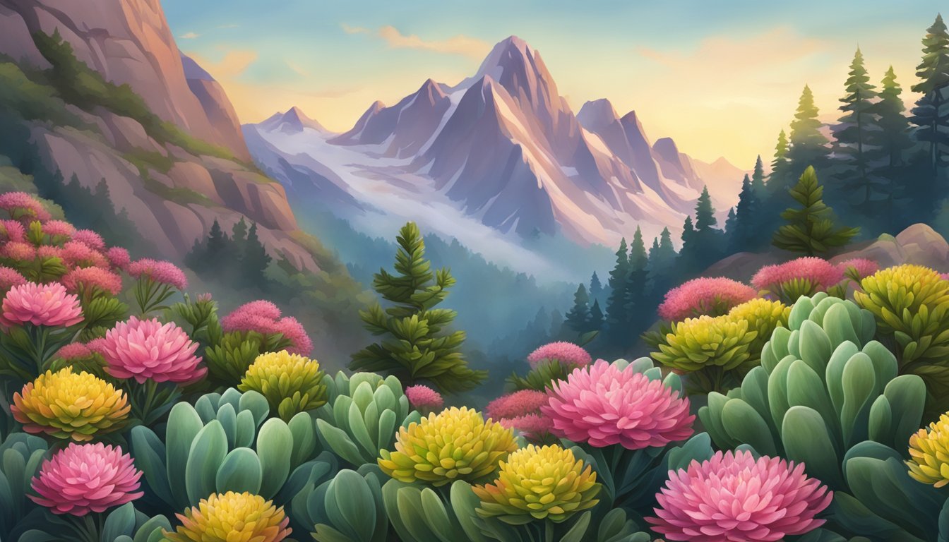 A serene mountain landscape with a vibrant rhodiola rosea plant in focus, surrounded by other native flora and fauna