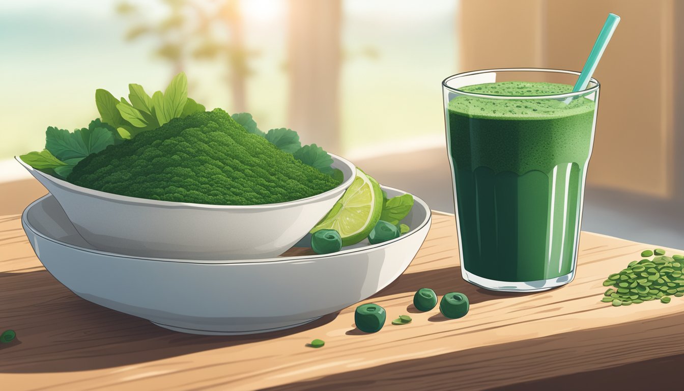 A serene, sunlit kitchen with a glass of green spirulina smoothie and a bowl of chlorella-infused salad on a wooden table