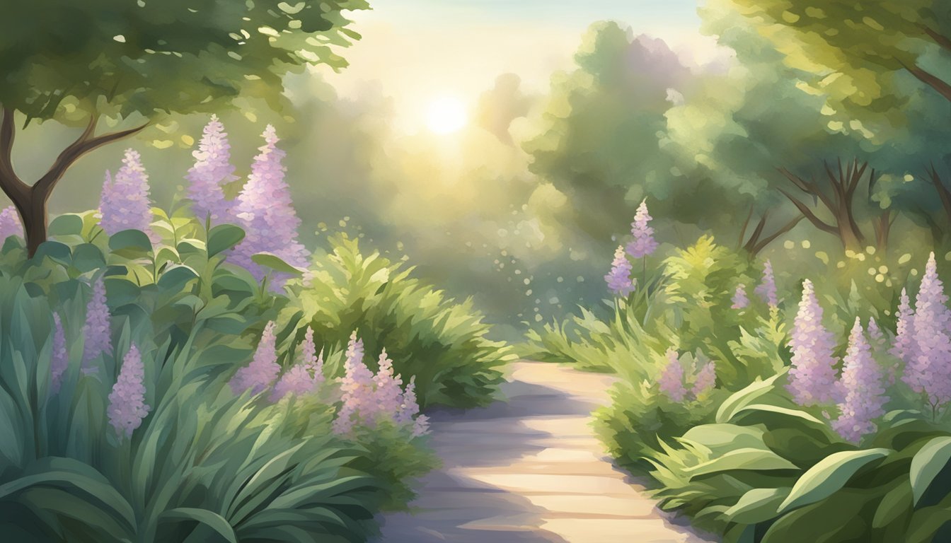 A serene garden with a lush sage plant surrounded by soft sunlight and a gentle breeze