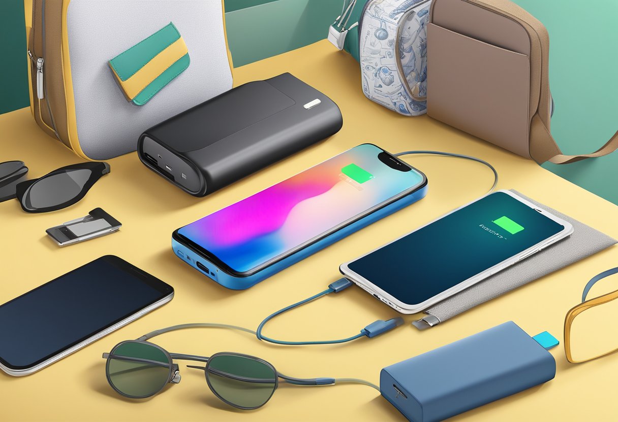 A compact power bank surrounded by travel essentials on a table