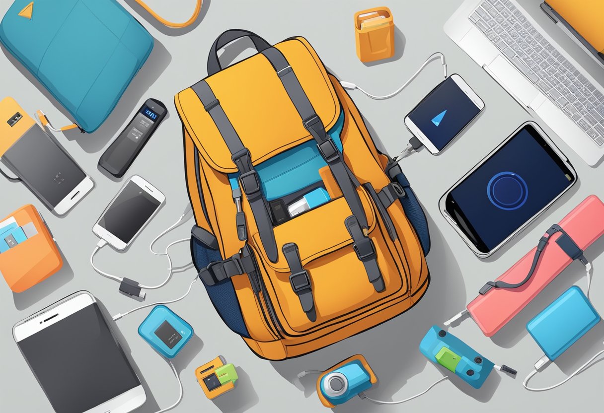 A traveler's backpack with compact power banks and various electronic devices scattered around