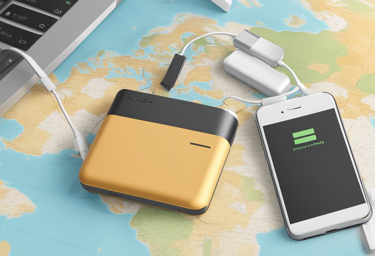 A compact power bank plugged into a smartphone while resting on a map and passport on a table